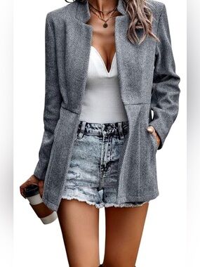 Gray Herringbone Open-Front Blazer Jacket